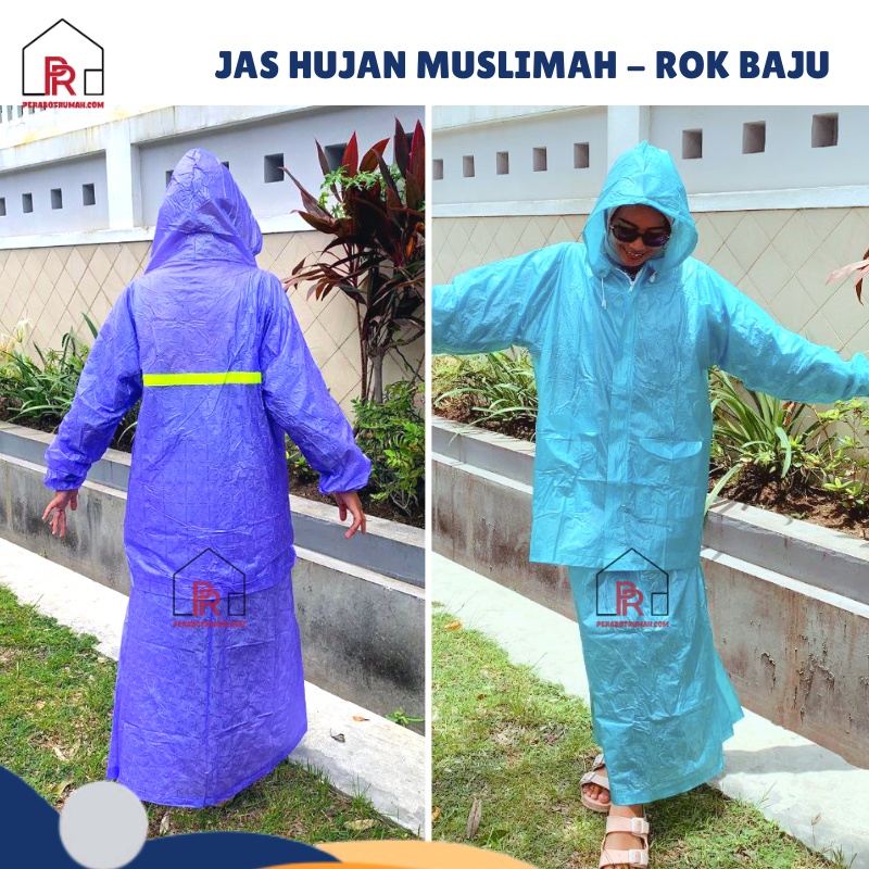 Jas Hujan Rok Baju Wanita / Mantel Ujan Muslimah Dewasa Setelan Atas Bawah