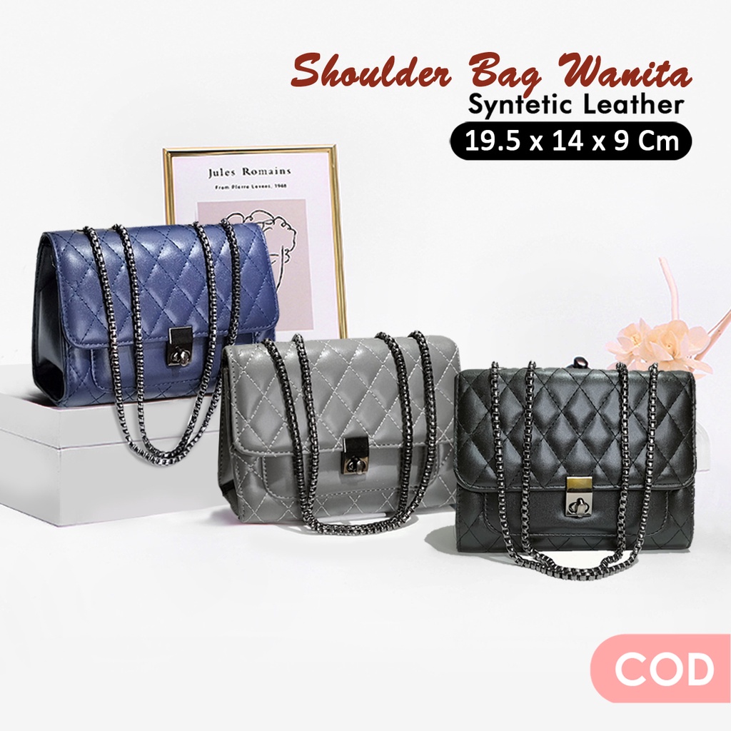 Tas selempang wanita polos tali rantai hitam Shoulder bag fashion wanita Sling bag wanita polos strap rante kulit sintetis