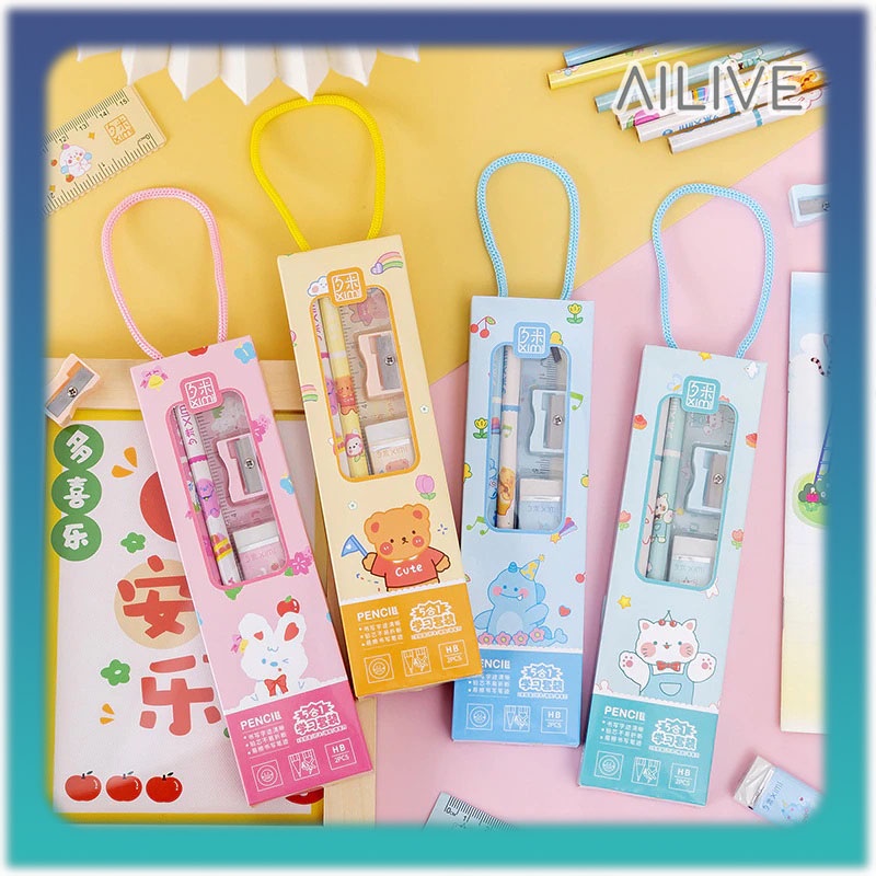 Pensil Set Alat Tulis 5IN1 Sekolah Anak / Stationary Set Paket Alat Tulis Perlengkapan Menulis Penghapus Penggaris