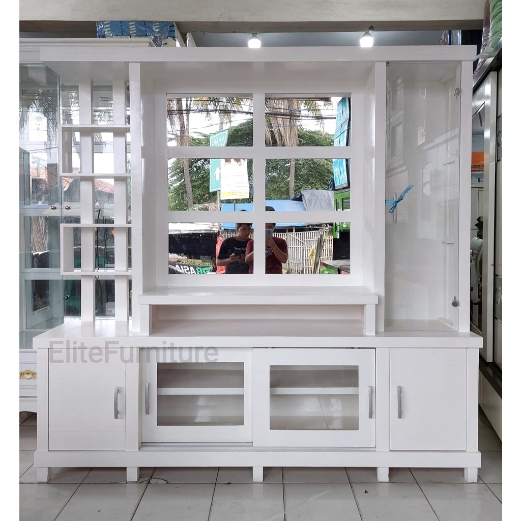 Partisi TV 43in JUMBO , Bufet TV Ruangan , Partisi Ruang Tamu , Partisi Minimalis Multriplek Putih