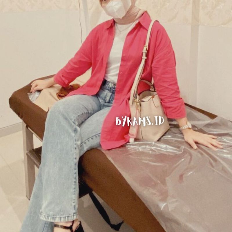 Kemeja Wanita Oversize Linen Olivia Shirt Linen Pocket Oversize-BUBBLE GUM