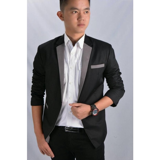 BLAZER PRIA MATRIX STYLE GREY - Jas Cowok Hitam List Abu Casual - Hitam, S