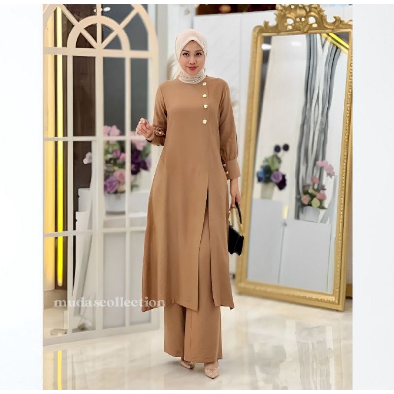 Adeline One Set Jumbo Setelan Long Tunik Dan Celana Panjang Baju Setelan Wanita Kekinian Bahan Crinkle Outfit Kondangan