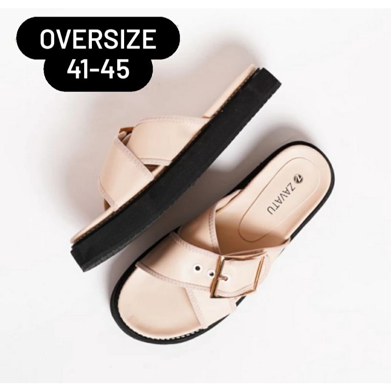 Original, Sandal Wedges Mules Wanita Size JUMBO 41.45 Slop JUMBO OVERSIZE Kulit Kaki Lebar Krem, 44