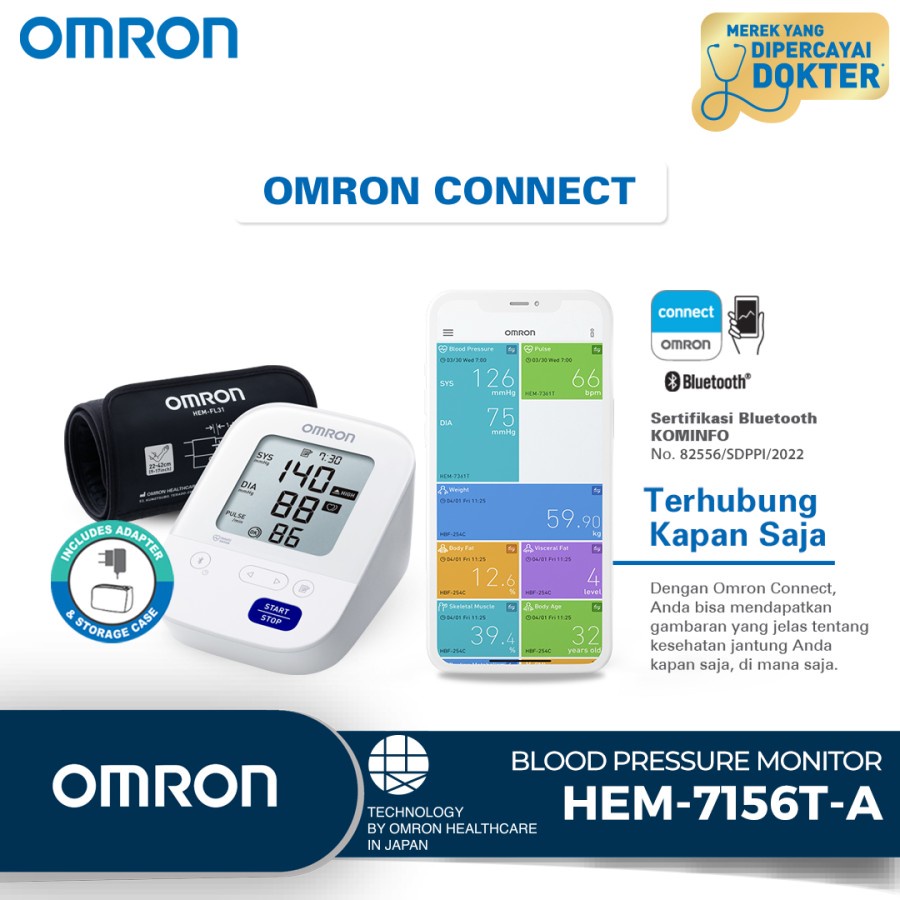 OMRON HEM 7156T-A + adaptor Tensimeter Digital + Connect Bluetooth Digital Tensimeter Alat Ukur Tekanan Darah With Bluetooth