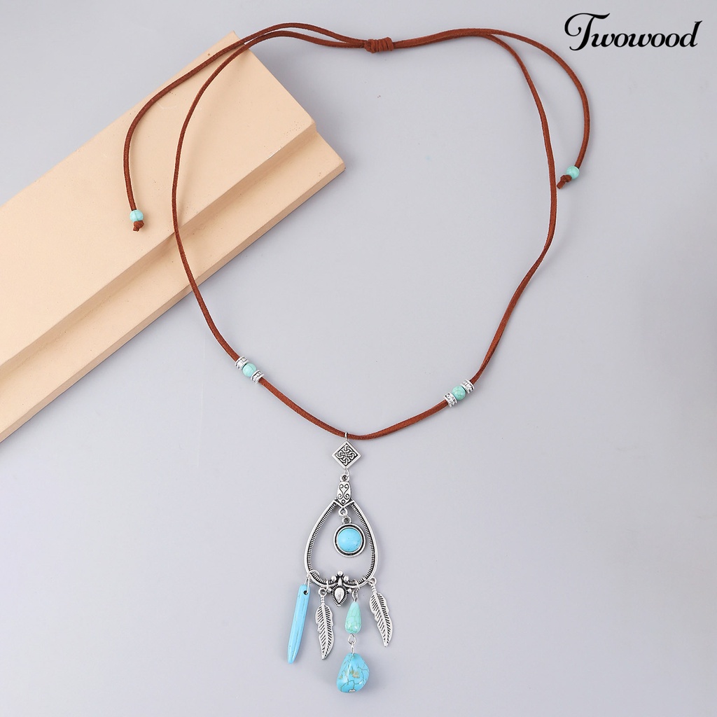 Kalung Tali Suede Adjustable Dengan Liontin Turquoise Gaya Bohemian Untuk Wanita