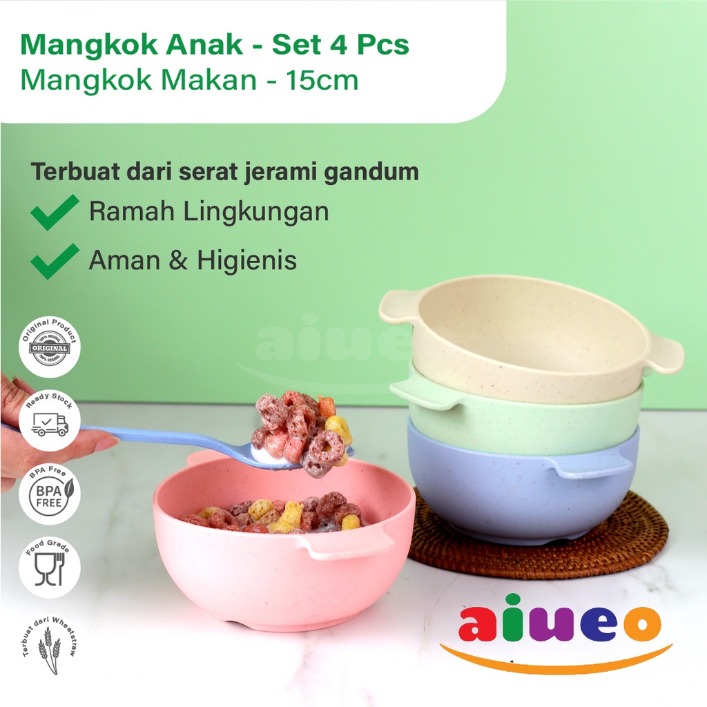 AIUEO | Set 4 Pcs Mangkok Anak Sereal 11.5cm Wheat Straw Mangkuk Makan Wheatstraw Microwave Warna Warni Aesthetic Estetik Plastik