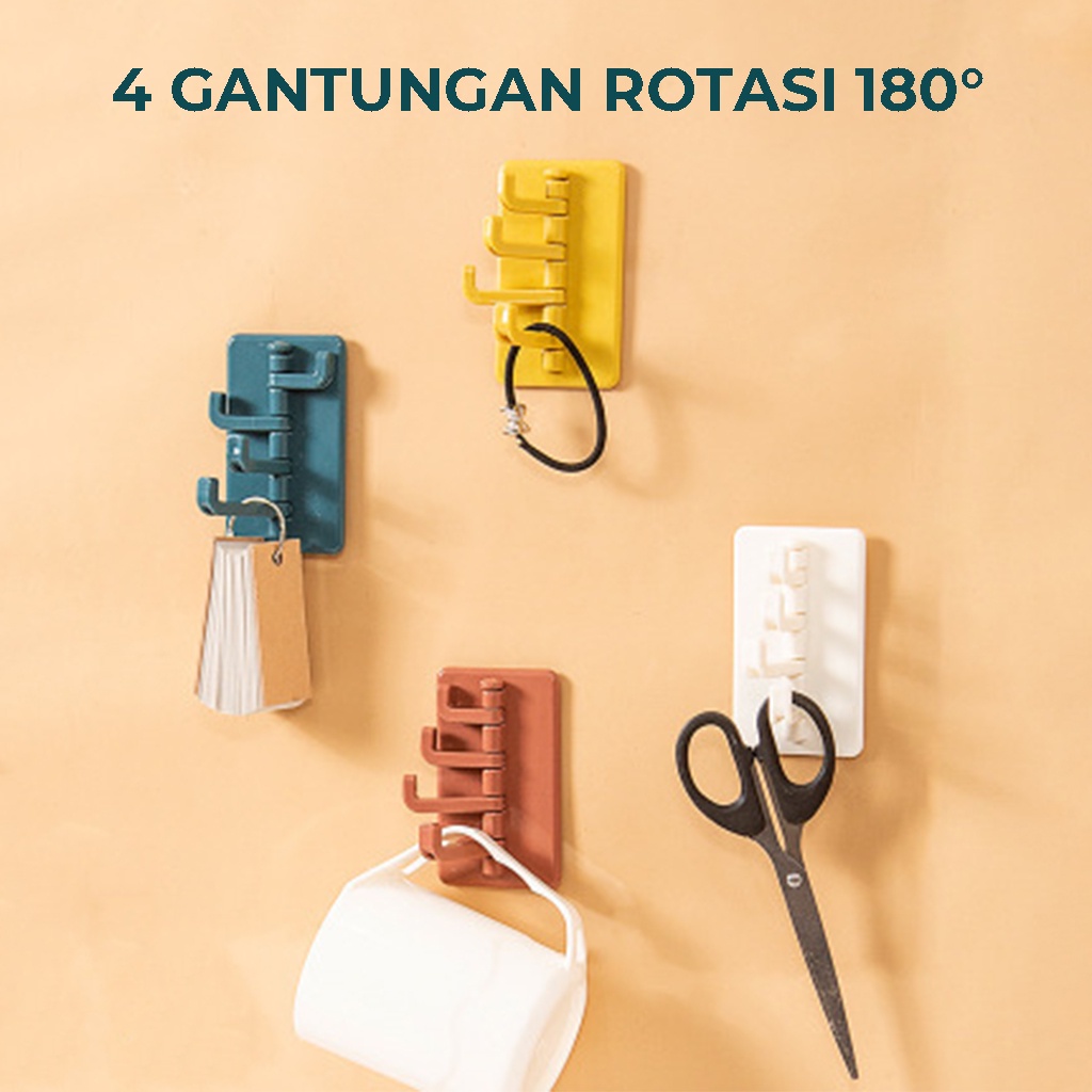 Gantungan Hook 4 Kait Putar Tempel Dinding Stand Hanger 4 IN 1 Serbaguna Cantolan Tempat Gantung Handuk Pakaian Tas Kunci Spatula Lain nya Rak gantungan Tempel Tembok Kamar Dapur Toilet Rapi Anti Slip | GROSIRXPRESS