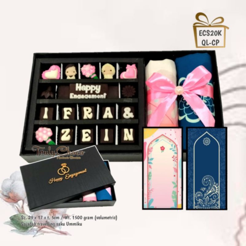 

Hadiah kado wedding, Tunangan , Engagement coklat trulychoco dan sajadah ECS20k