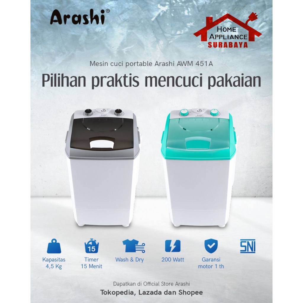 Mesin Cuci Laundry Arashi Kapasitas 4.5 KG AWM 451A - AWM 451 A / AWM 452A - 452 A PRIME