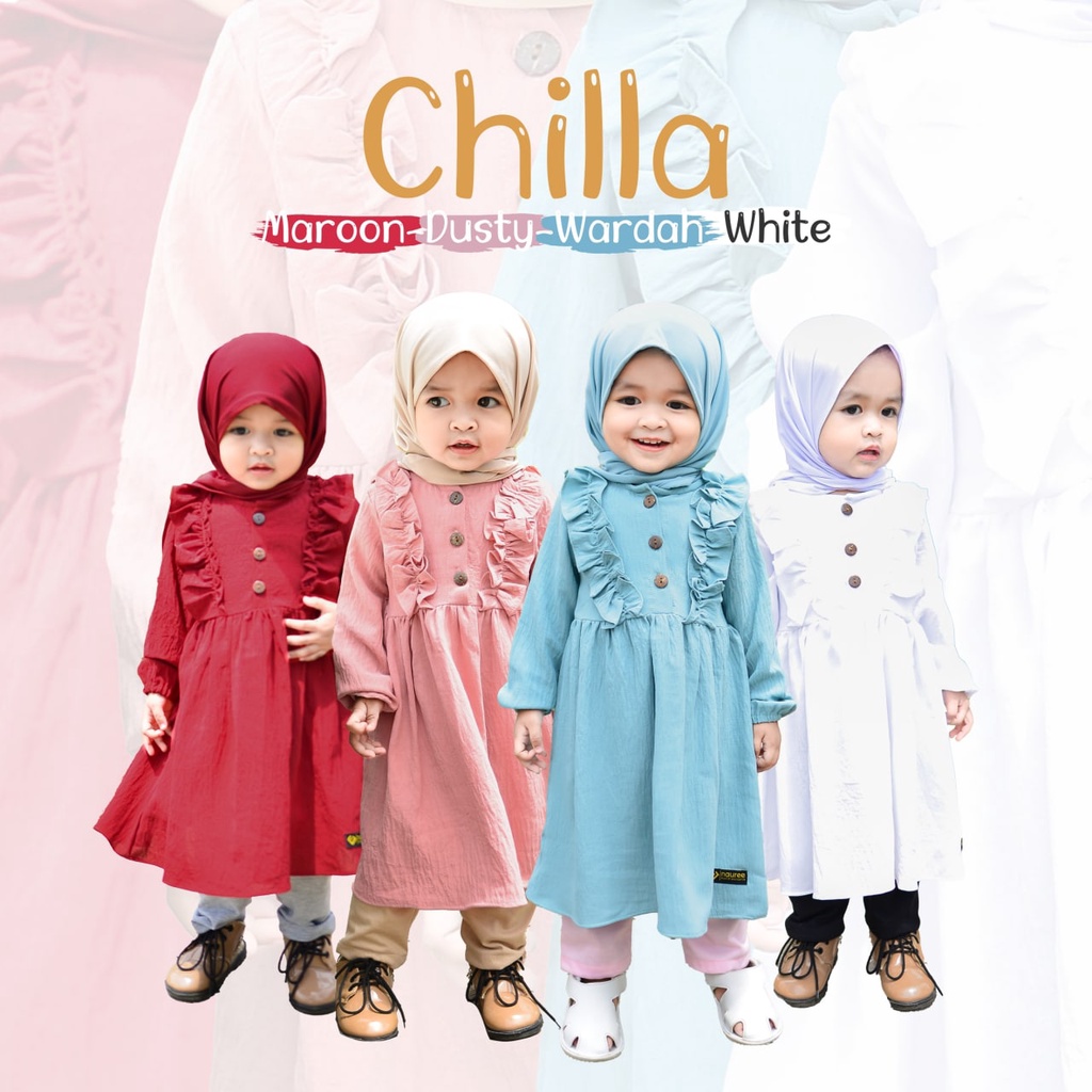 Nauree - Chilla Dress Anak Perempuan Bahan Rayon Crinckle Ukuran S M L Tidak Menerawang Tekstur Licin Halus Lembut Untuk Umur 1 2 3 4 5 6 Tahun Lengan Panjang Soft Premium Lembut Adem Dingin Nyaman