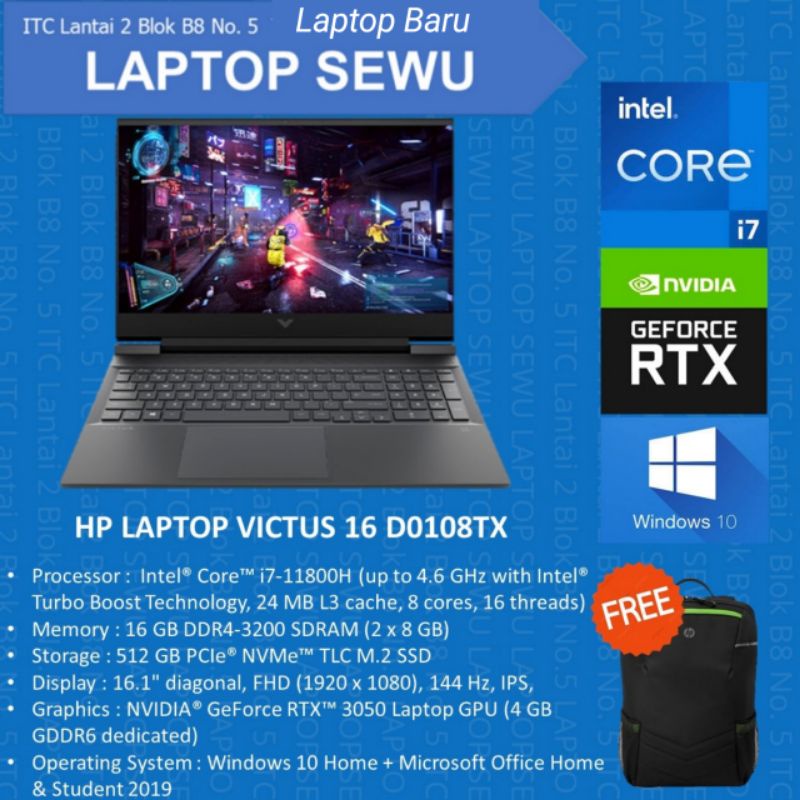 HP Victus 16-d108tx i7-11800H RTX3050 512GB SSD 16GB 144Hz Win10 New