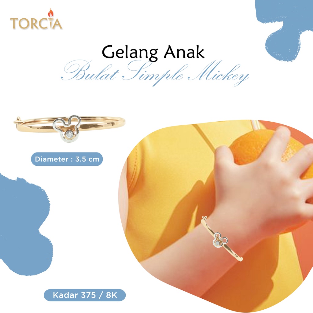 Gelang Bayi dan Anak Emas Asli Bulat Simple Mickey Kadar 375 Torcia