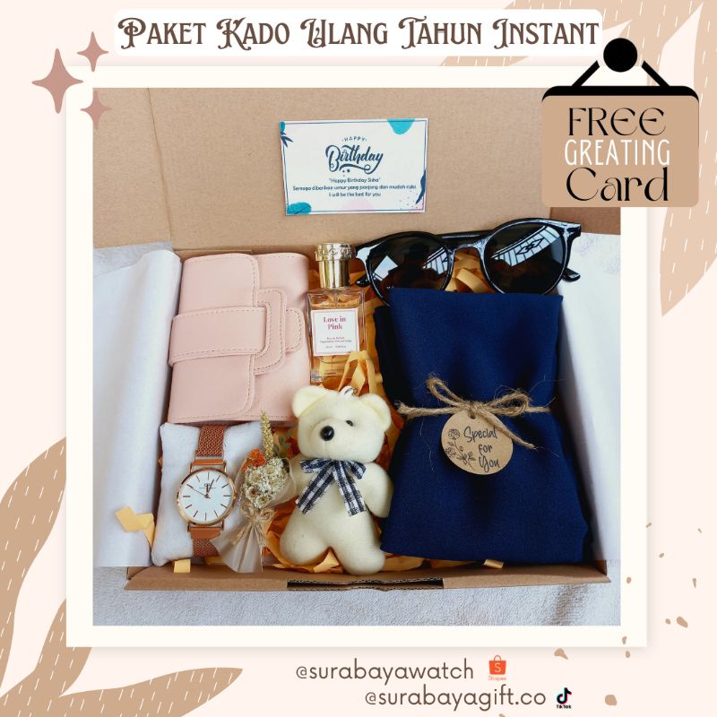 

(Special B) GIFTBOX HAMPERS JAM TANGAN CEWEK RANTAI PASIR ULANG TAHUN Kado Dompet Kulit Gantungan Tas Boneka Buket Bunga Parfum Minyak Wangi Phasmina Hijab Kacamata Hitam