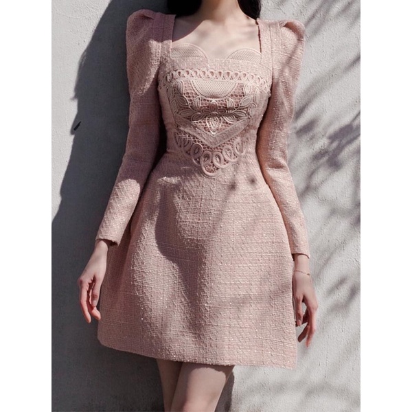 [Premium Series] Pink Tweed Dress with Lace Combination Import Premium