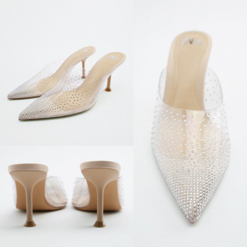 Sepatu ZARA Rhinestone Vinyl Mules Heels Shoes