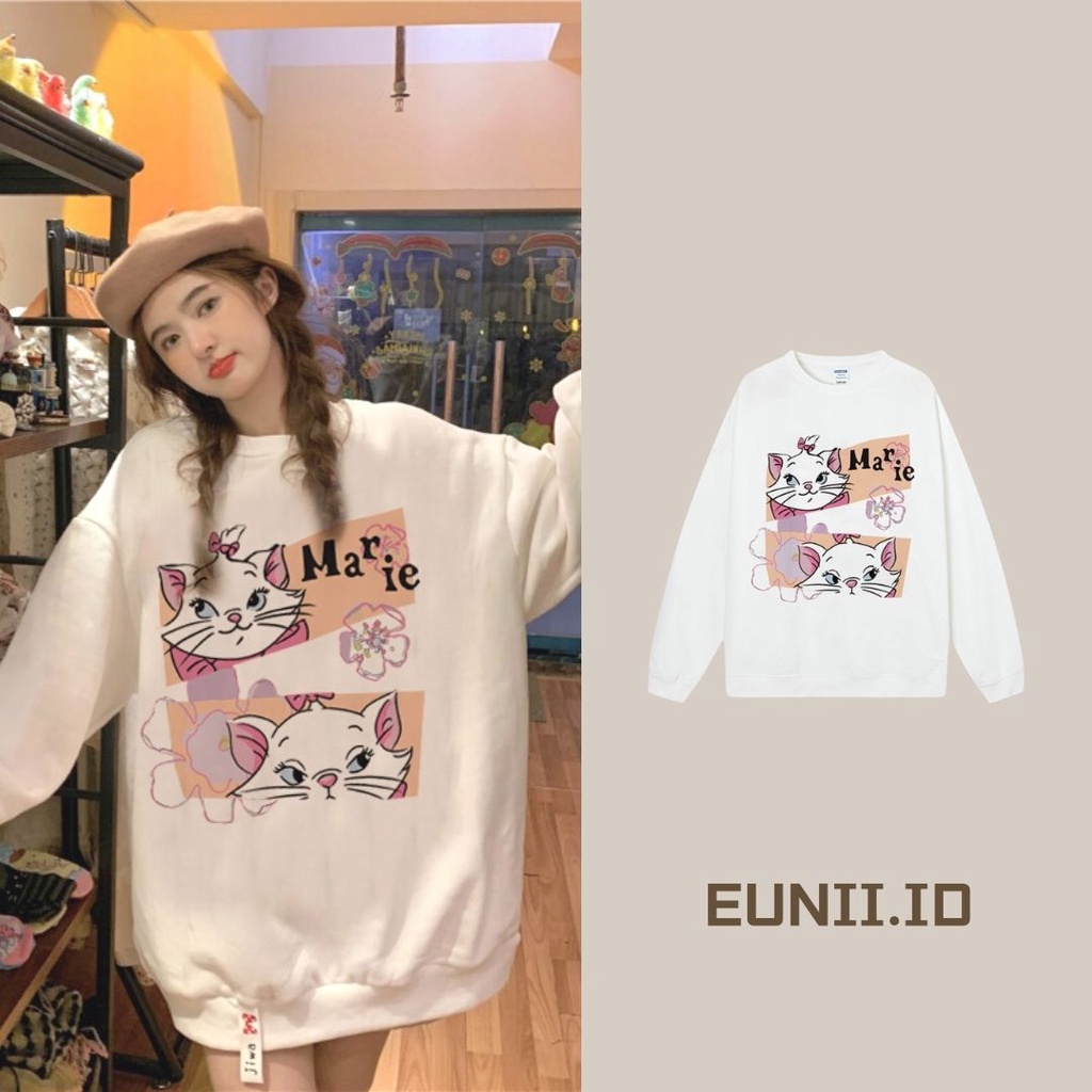 EUNII Sweater Lengan Panjang Cute Cat Korean Style/Hoodie Oversize/Baju Wanita/Switer Wanita