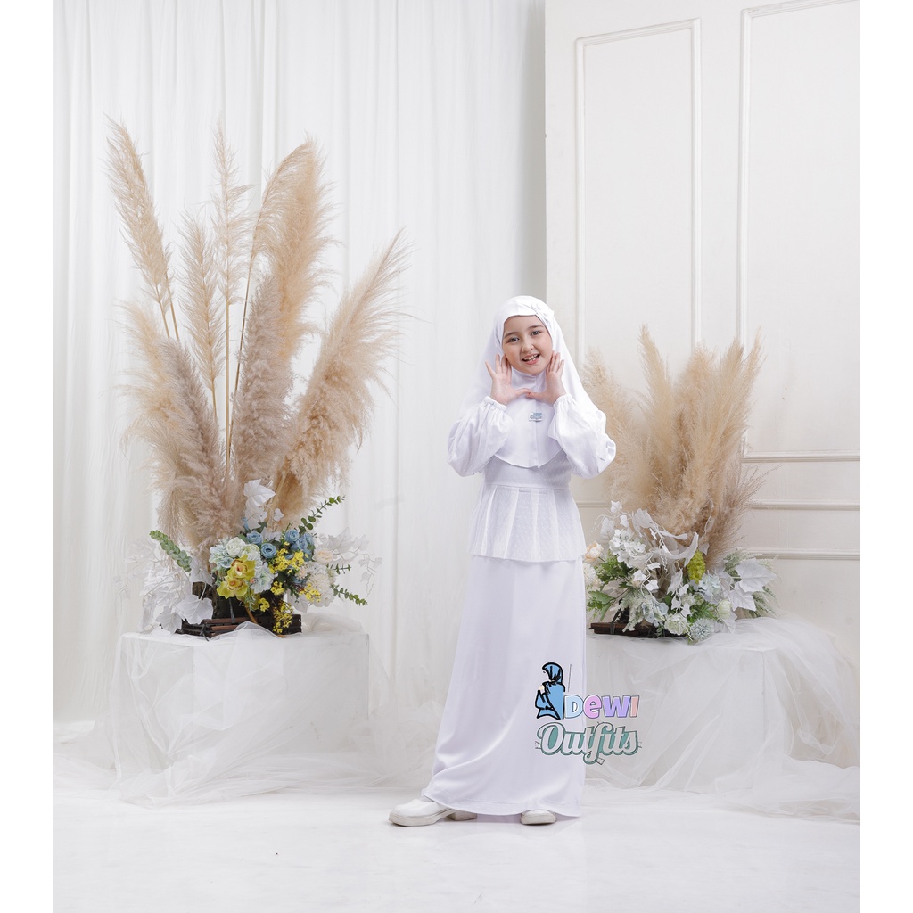 Yuna Kids Syar'i/ GAMIS PUTIH ANAK MIX TILE DOT REAL PICT / baju Muslim Anak Perempuan Set Hijab Gam