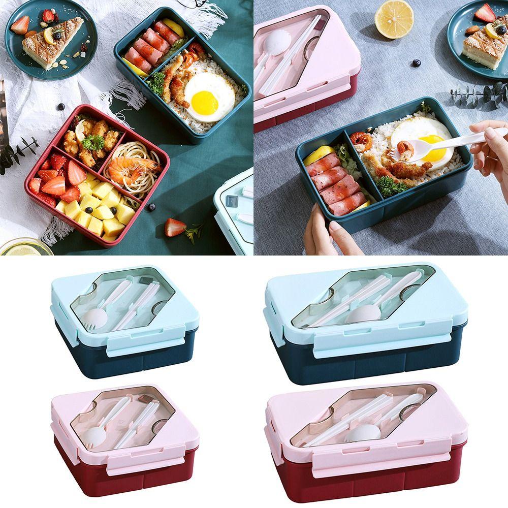 Preva Lunch Box Portable Persegi Panjang Grid Dengan Sendok Wadah Makanan