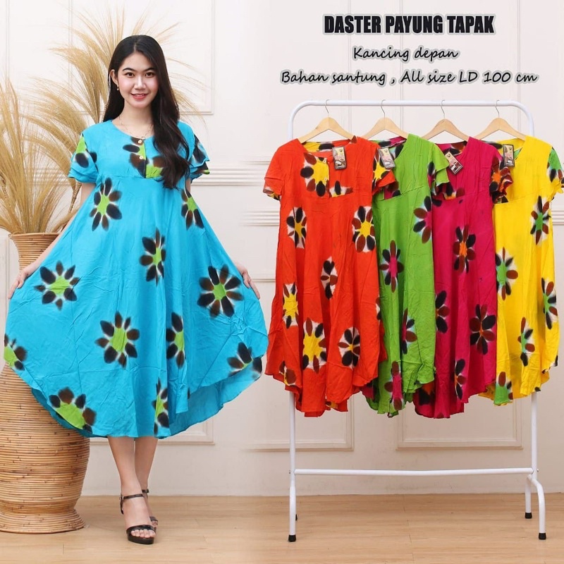 DASTER PAYUNG JUMBO MOTIF BUNGA BUNGA LD 120 KEKINIAN DASTER KANCING DEPAN DASTER LEBAR LENGAN PENDEK DRESS PANJANG