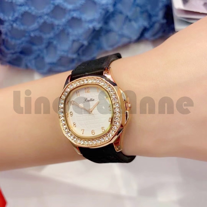 Jam Tangan Wanita Jhui Retro Casual Analog Aksen Berlian Imitasi Strap Silikon