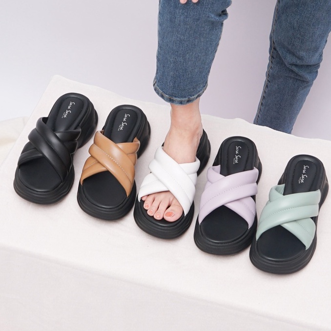 SARA SARA YUK - NAGITA Sandal Wanita Wedges Silang Tinggi 5cm Size 36 - 40 Casual Sendal Cewek Platform Kondangan Hak Tinggi 5cm Size 37 38 39 Pergi Jalan Santai Rumah Slop Warna Hitam Black White Putih Brown Selop Premium Original Kekinian Terbaru Shoes