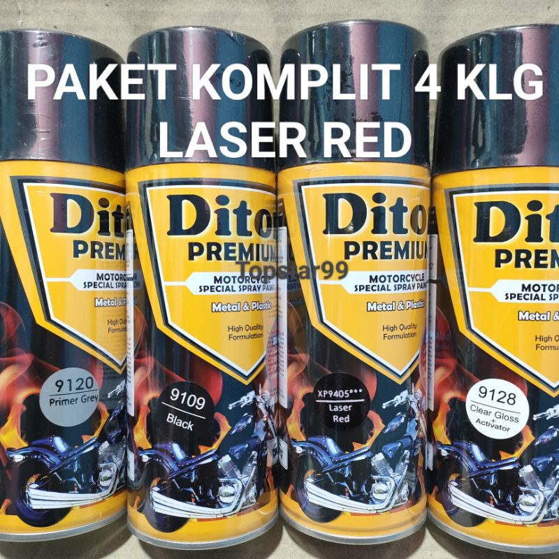 Pilok Cat Diton Premium Paket Lengkap 4 Kaleng Laser Red Merah Xirallic Xiralic 9405 Primer Grey 9120 Black 9109 Clear Gloss 9128 400cc Pilox Paketan Cat Semprot Special Spray Paint