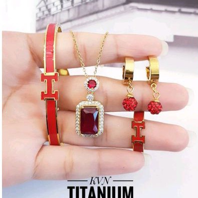 Titanium Set Perhiasan Wanita Kalung Batu Merah  1122a