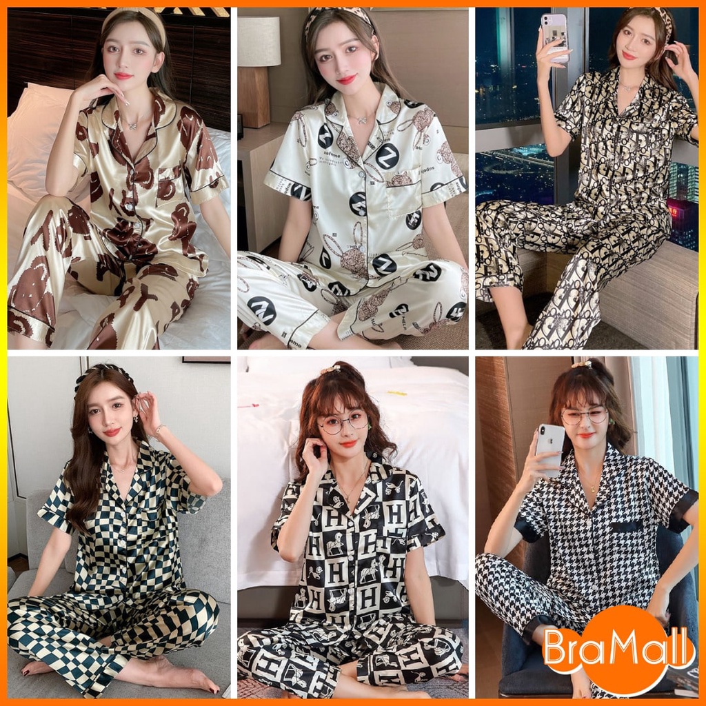 【 Bra Mall 】BM-344 Piyama Wanita Dewasa Model Kemeja Bahan Satin CP Lengan Pendek Celana Panjang Import High Quality Sleepwear