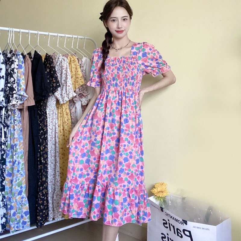 A-line Dress wanita lengan pendek panas floral boho midi gaun