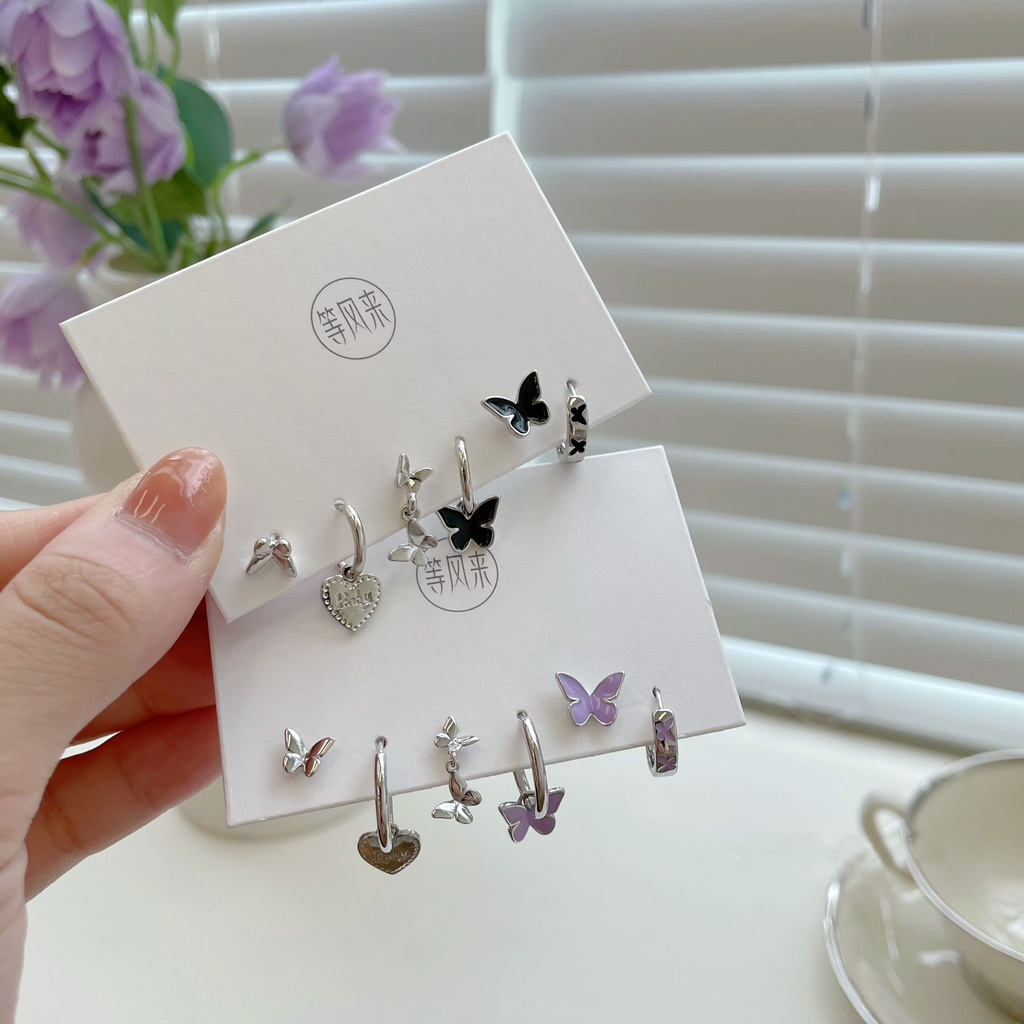 Set Anting Stud Desain Bunga Tulip Cherry Pita Butterfly Bear Bahan Resin Metal Untuk Wanita