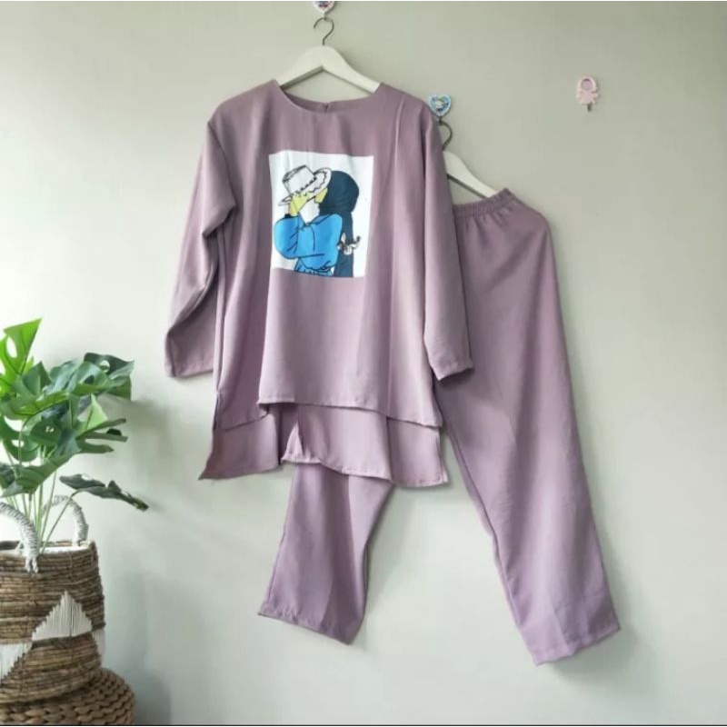 setelan crinkle sablon airflow flowy terviral 2023 / one set oversize XXL ld 110 bahan crinkle