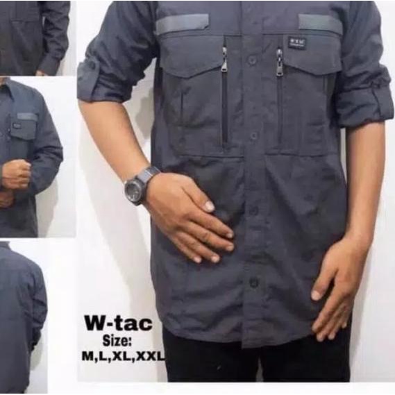 Baju Kemeja Pria Tactical WTAC Lengan Panjang Motif Polos Type Reguler - Abu-abu, M