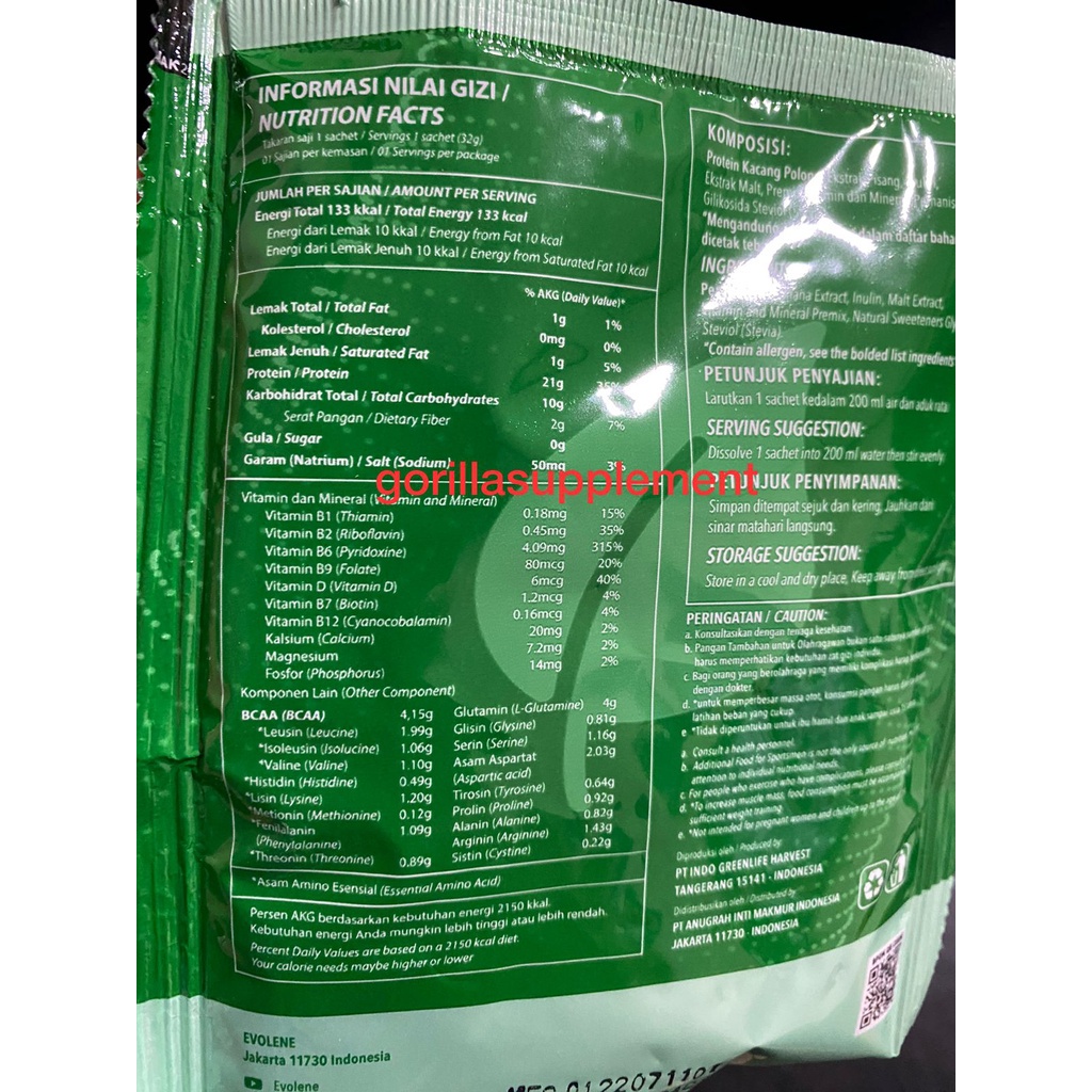 EVOLENE EVOGREEN 1 Sachet 1 Serving Vegan Protein Plant Based Supplement Suplemen Fitness BPOM HALAL EVO GREEN EVOGREN EVOLINE EVOLEN EVOLINE EVOLEN PISANG COKLAT SURABAYA
