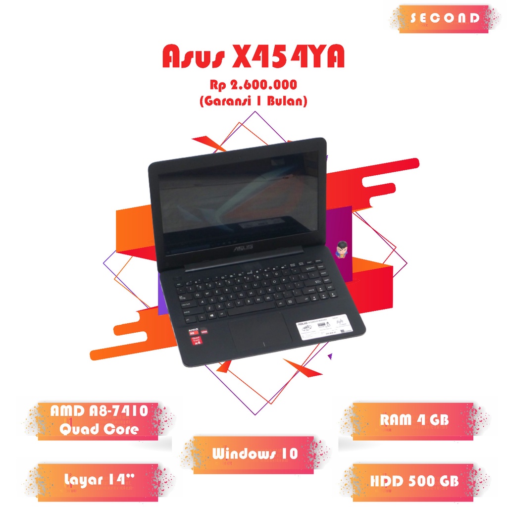 Jual Asus X454Y RAM 4GB HDD 500GB Layar Bening Mulus cuma 2 jutaan