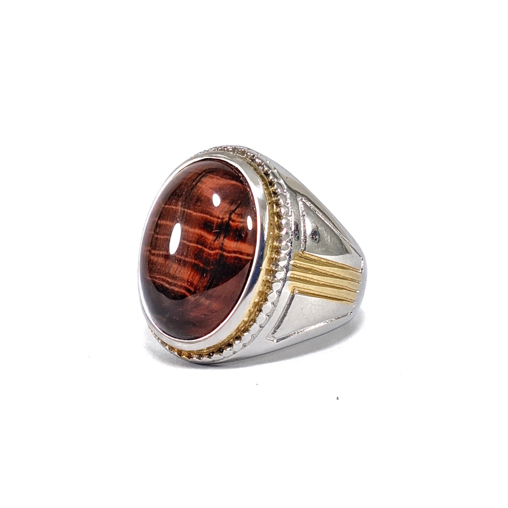 Cincin Titanium Natural Batu Akik Brown Tiger Eye Biduri Sepah