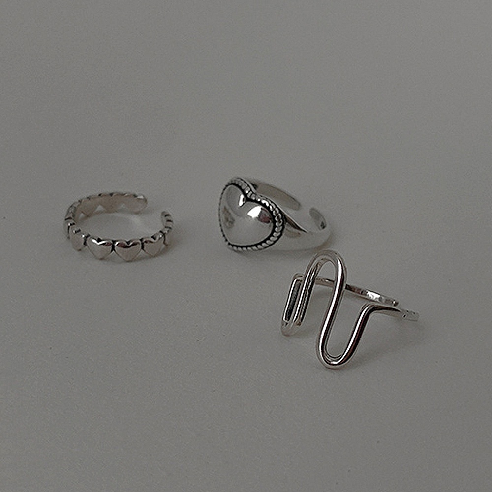 3pcs / Set Cincin Model Terbuka Adjustable Desain Hati Warna Silver Gaya Hip Hop Korea Untuk Unisex