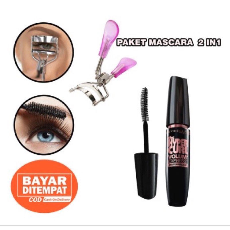 (COD) Paket Maskara waterproof Free Penjepit Bulu Mata/COD/SALE/Paket Kosmetik Lengkap Murah - Maskara Maybelline Hypercurl + Pentik Bulu Mata Galenco