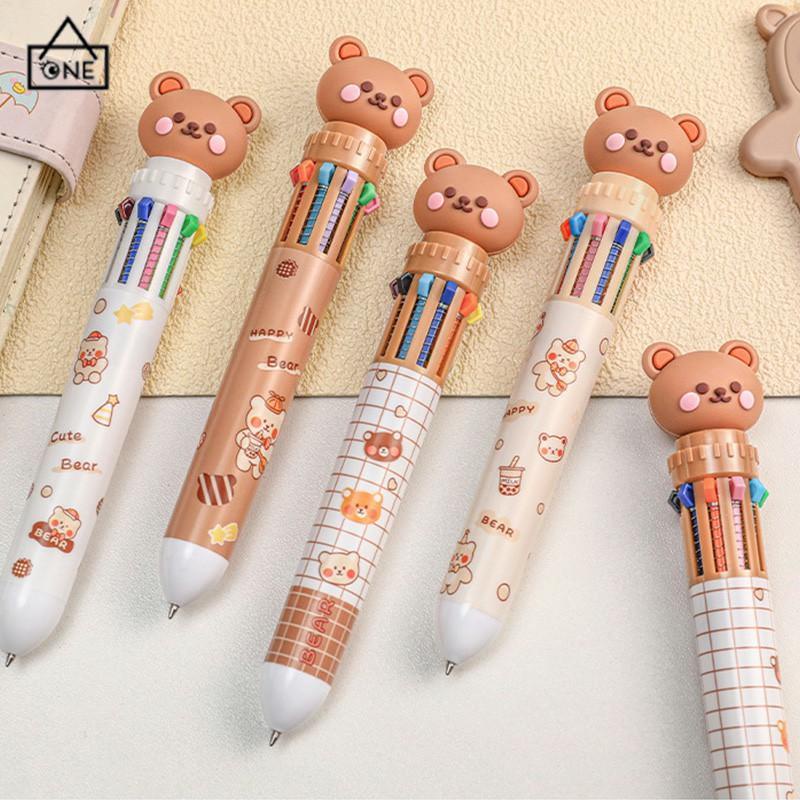 COD❤️1pc Pulpen Mekanik 10 Warna Warni Rectractable Pen Color Motif Kartun Lucu Bear Grid Kotak Aesthetic Bolpoin Alat Tulis Sekolah-A.one