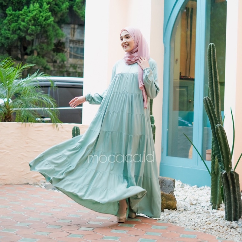 dress premium 7 susun papermint mint muda pastel non busui sleting belakang bisa untuk prewed pre wedding lengan wudhu friendly flare flowy adem super lebar