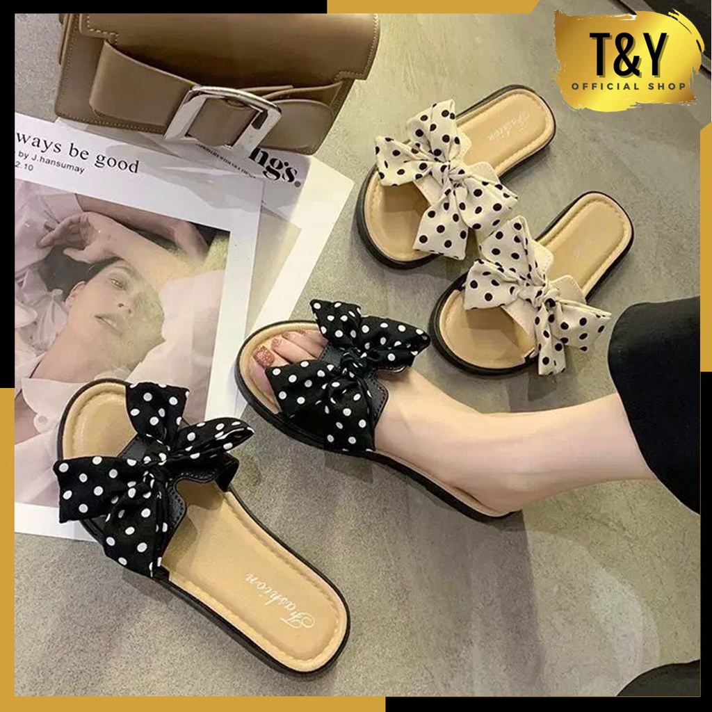 T&Y Sandal Flat Jelly Pita Polkadot Empuk Sol Rubber Kekinian 6594 Flat Shoes Elastis Tebal Fashion 