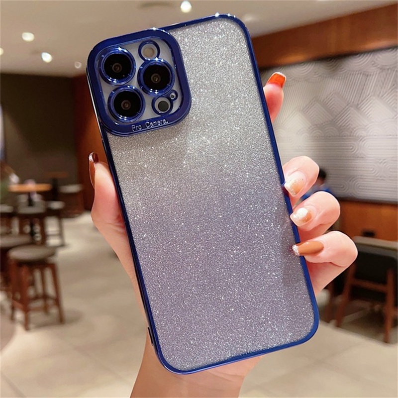 Casing iPhone 14 13 12 11 Pro Max 14 plus Aksen Glitter Mewah Warna Gradasi anti Jatuh