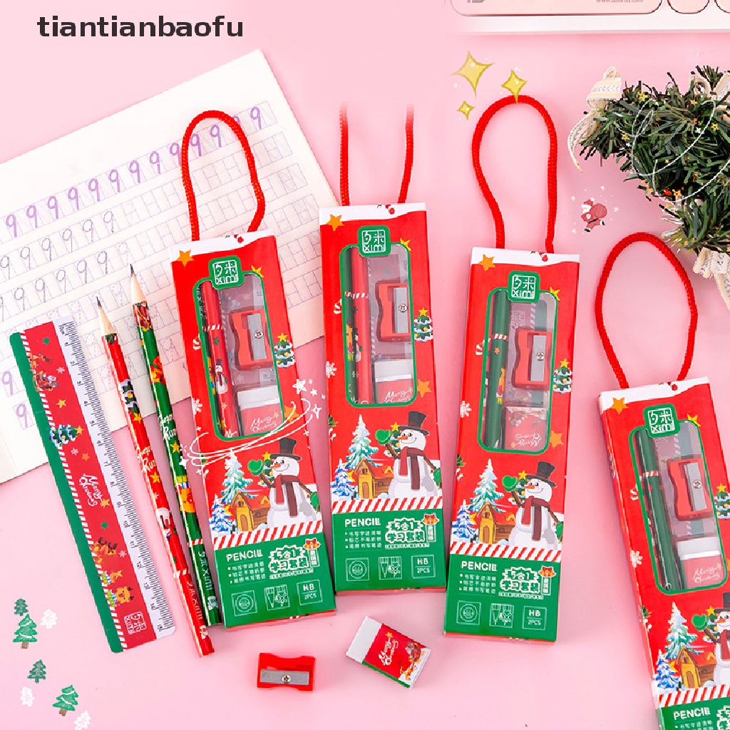 5 Pcs / Set Alat Tulis Pensil Penggaris Penghapus Rautan Portabel Tema Natal Dengan Kotak Untuk Hadiah