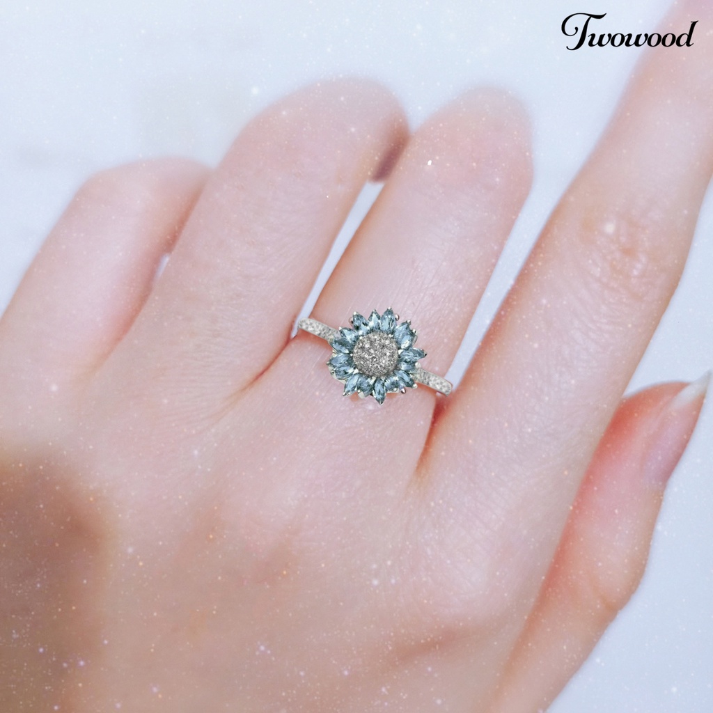 Cincin Wanita Bentuk Bunga Matahari Bahan Cubic Zirconia Warna Putih Aquamarine Untuk Pernikahan