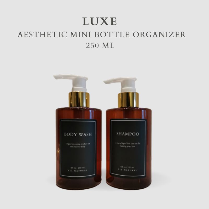 LUXE Botol MINI AMBER Label KOTAK HITAM 250 ml Aesthetic Bottle Refill | Botol refill sabun /botol refill sabun/ botol isi ulang/botol sabun refill/botol sabun/botol pump/botol anak/bathroom organizer/bathroom amenities