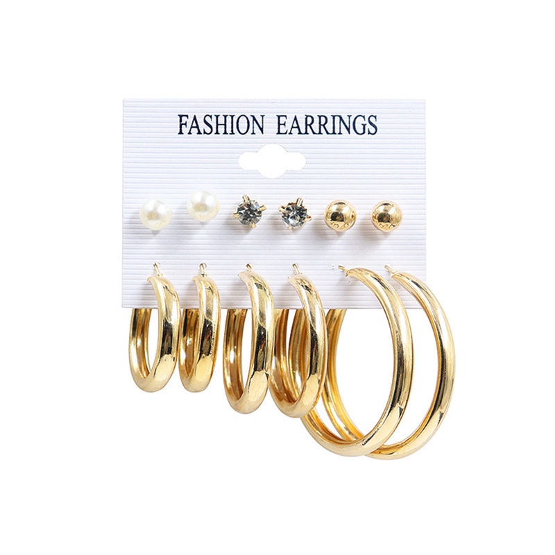 Fancyqube 6 Pasang / Set Anting Bulat Besar Warna Emas Hias Mutiara Kristal Berlian Imitasi