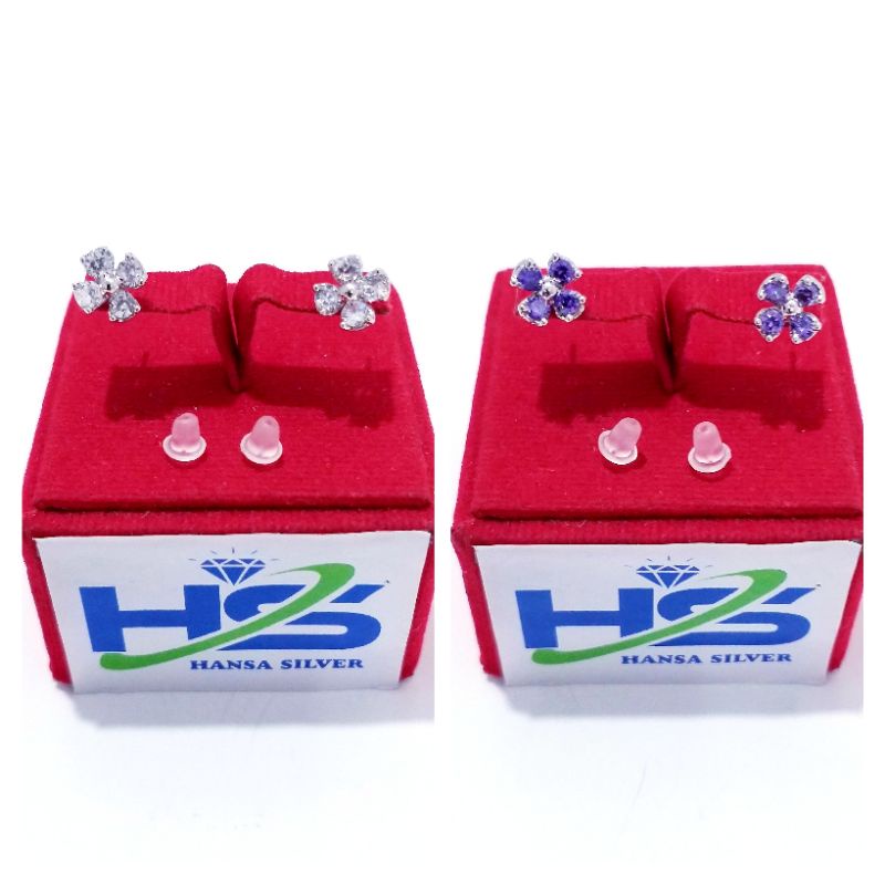 Anting Giwang Perak Asli Silver 925 Lapis Emas Putih Model Bunga Batu Putih - Anting Wanita Anti Karat
