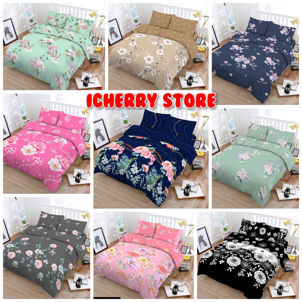 4in1 Full Set Bedcover + Sprei Vito 3D Queen King 160x200 180x200 Motif Cherry Blossom, Ivy, Alice, 