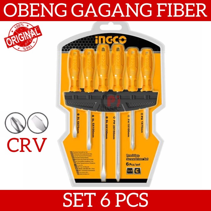 INGCO Obeng Set 6 Pcs Bahan CRV Magnetic Screwdriver Set Gagang Fiber