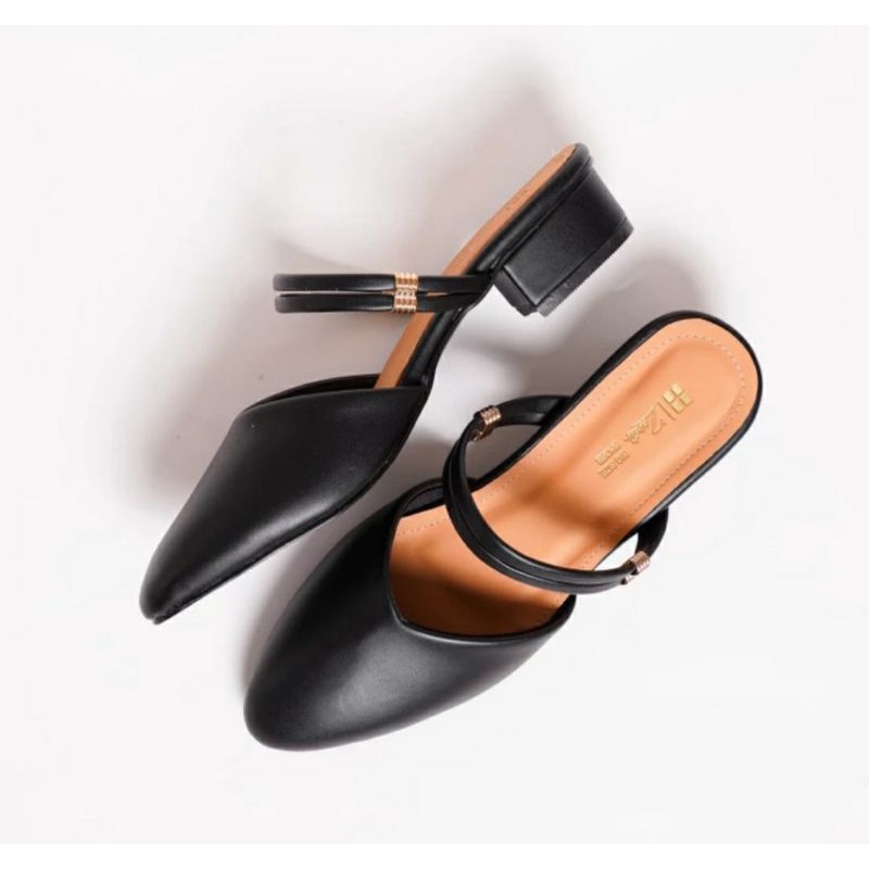 New Arrival Sandal Bustong Wanita Super JUMBO 41.45 Black Kulit Slop Mules Lancip JUMBO hak 3cm Pesta